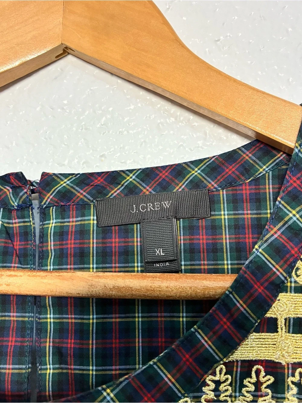 J Crew plaid long sleeve top with gold embroidery embellishments